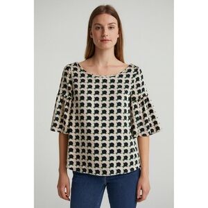 MILLY Women's Geometric Print Scoop Neck Flare Sleeve Blouse Top Size Large